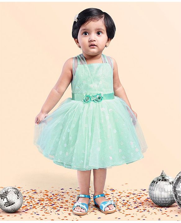 Babyhug Sleeveless Foil Printed Party Frock - Mint Green