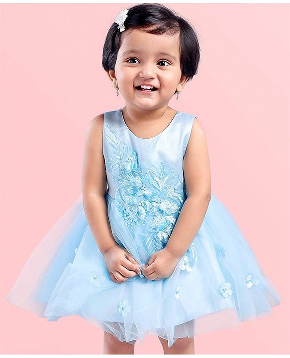 Babyhug Sleeveless Floral Embroidery Party Frock - Light Blue