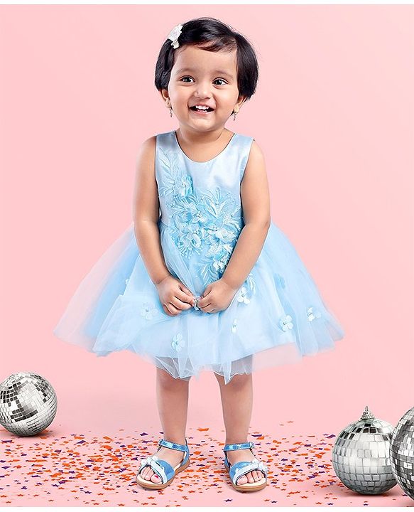 Babyhug Sleeveless Floral Embroidery Party Frock - Light Blue