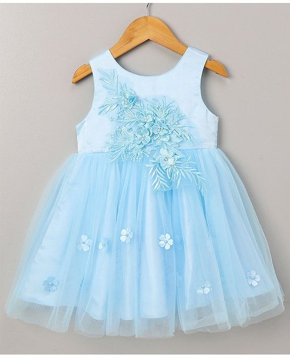 Babyhug Sleeveless Floral Embroidery Party Frock - Light Blue