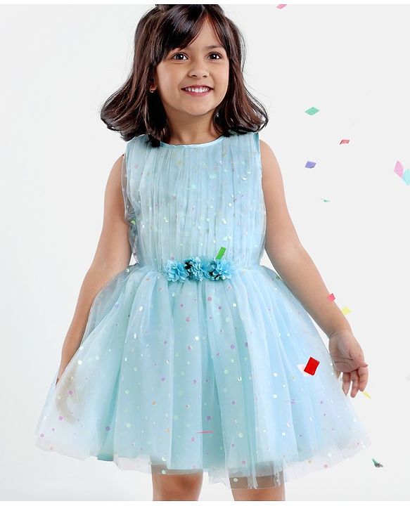 Babyhug Sleeveless Party Wear Frock with Corsage -Light Blue