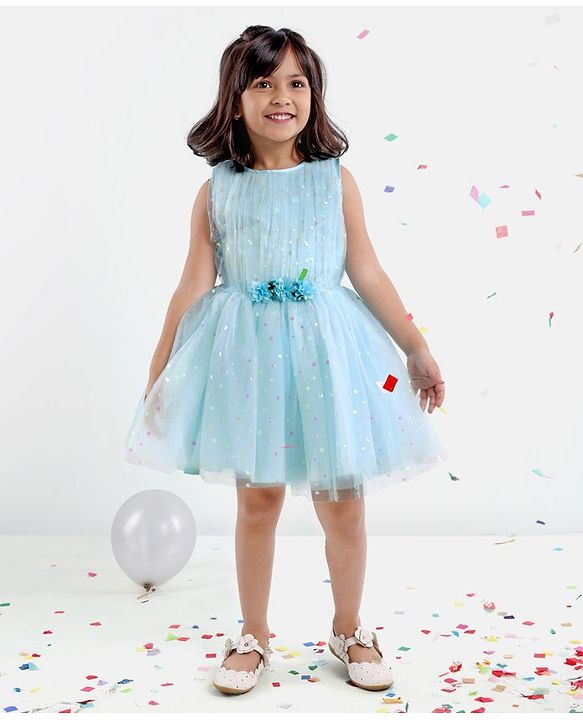 Babyhug Sleeveless Party Wear Frock with Corsage -Light Blue