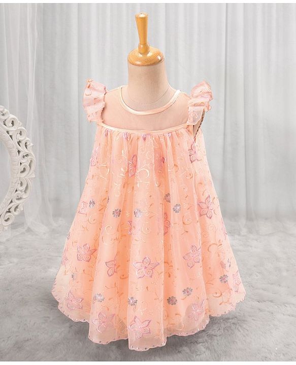 Babyhug Cap Sleeves Knee Length Party Frock Embroidered - Peach