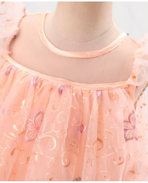 Babyhug Cap Sleeves Knee Length Party Frock Embroidered - Peach