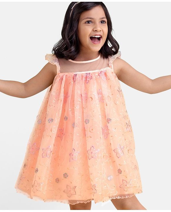 Babyhug Cap Sleeves Knee Length Party Frock Embroidered - Peach