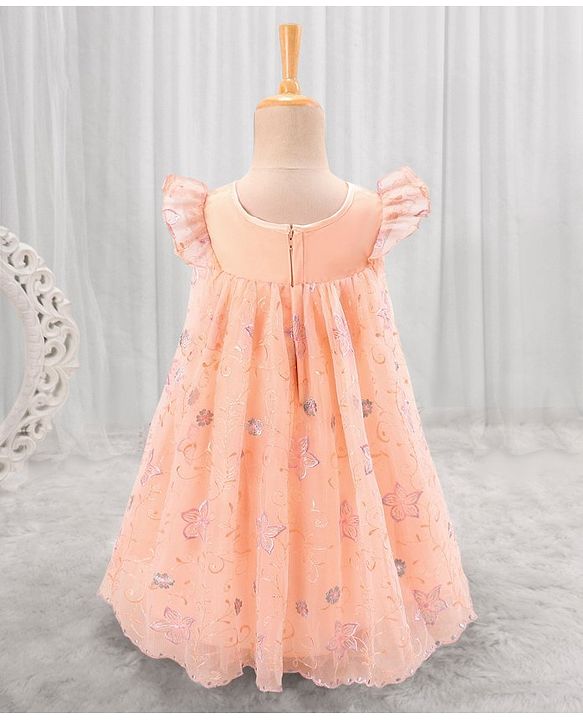 Babyhug Cap Sleeves Knee Length Party Frock Embroidered - Peach