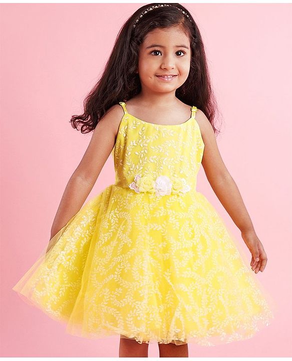 Babyhug Sleeveless Glitter Printed Party Frock - Yellow