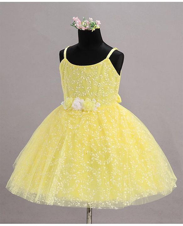 Babyhug Sleeveless Glitter Printed Party Frock - Yellow