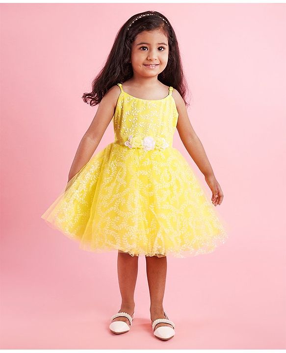 Babyhug Sleeveless Glitter Printed Party Frock - Yellow