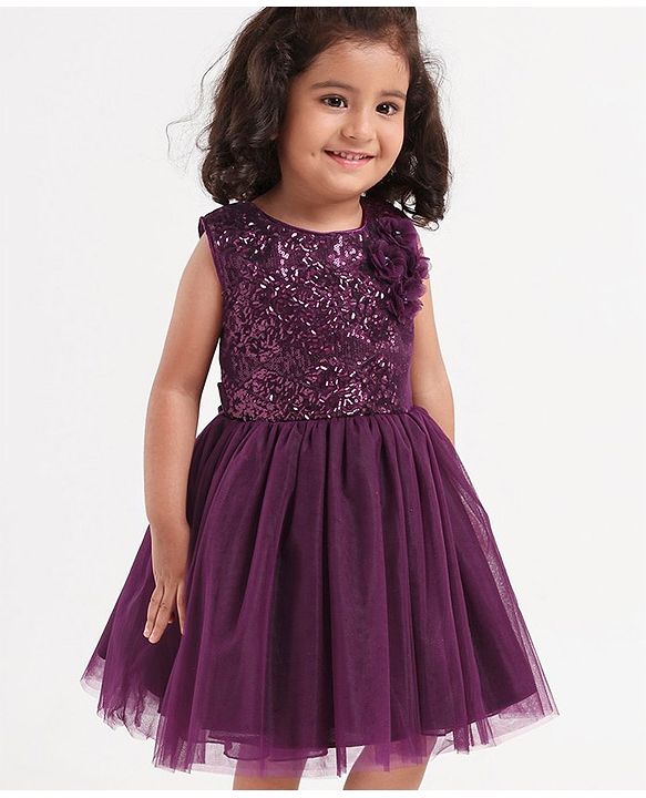 Babyhug Sleeveless Party Frock with Sequins & Corsage - Purple