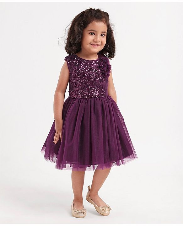 Babyhug Sleeveless Party Frock with Sequins & Corsage - Purple
