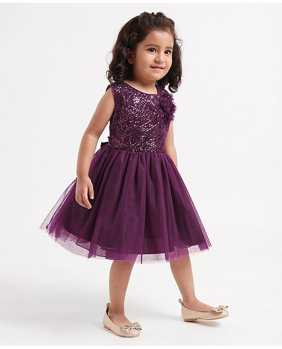 Babyhug Sleeveless Party Frock with Sequins & Corsage - Purple