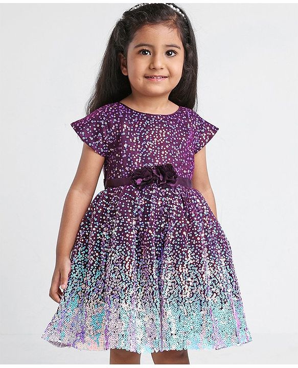 Babyhug Cap Sleeves All Over Sequined Party Frock - Wine