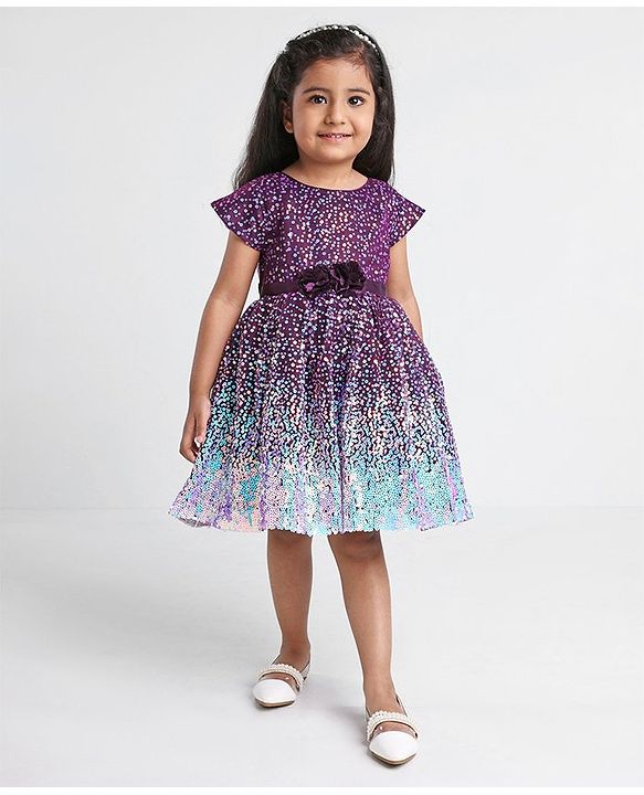 Babyhug Cap Sleeves All Over Sequined Party Frock - Wine