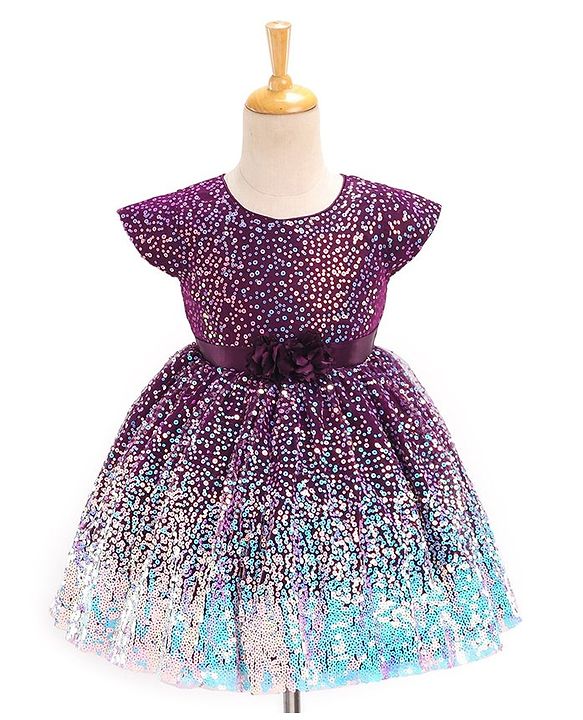 Babyhug Cap Sleeves All Over Sequined Party Frock - Wine