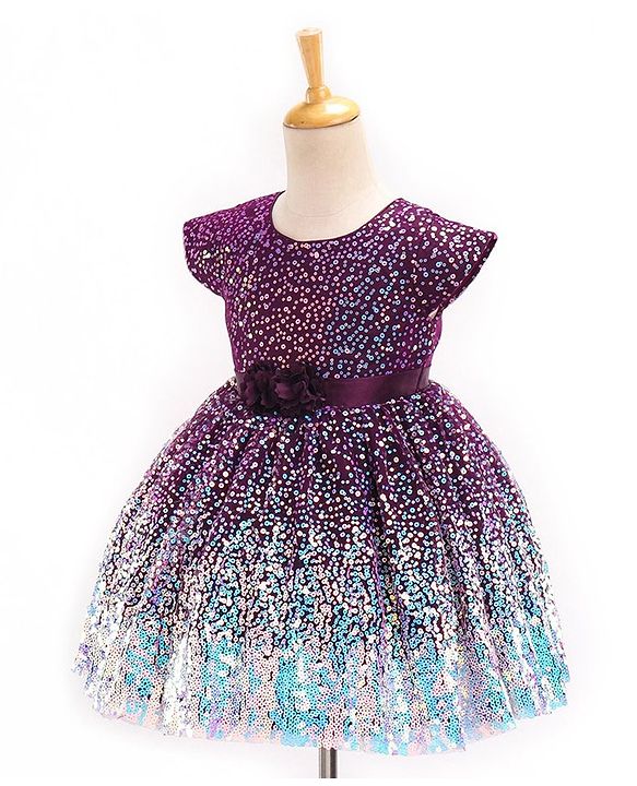 Babyhug Cap Sleeves All Over Sequined Party Frock - Wine