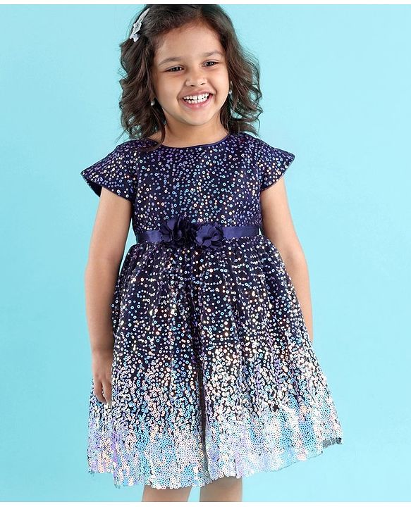 Babyhug Cap Sleeves All Over Sequinned Party Frock - Navy