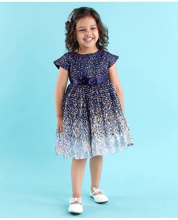 Babyhug Cap Sleeves All Over Sequinned Party Frock - Navy