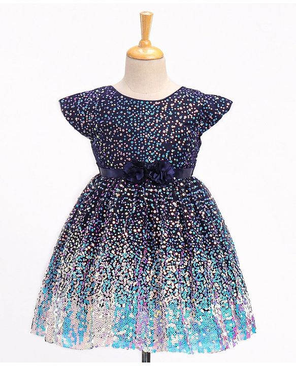 Babyhug Cap Sleeves All Over Sequinned Party Frock - Navy