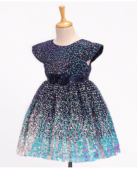 Babyhug Cap Sleeves All Over Sequinned Party Frock - Navy
