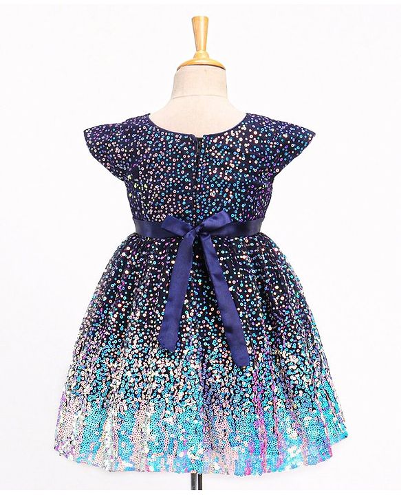 Babyhug Cap Sleeves All Over Sequinned Party Frock - Navy