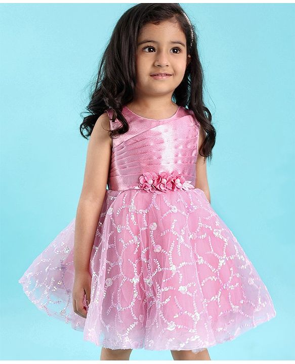 Babyhug Mesh Sleeveless  Embroidered Frock - Pink
