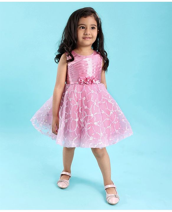 Babyhug Mesh Sleeveless  Embroidered Frock - Pink