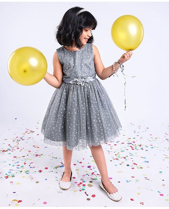 Babyhug Mesh Sleeveless Glitters Polka Dots Printed Frock - Grey