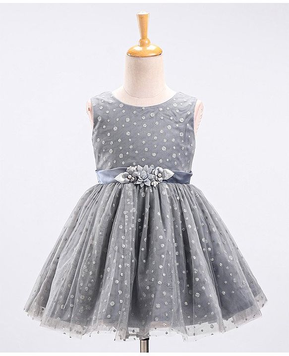 Babyhug Mesh Sleeveless Glitters Polka Dots Printed Frock - Grey