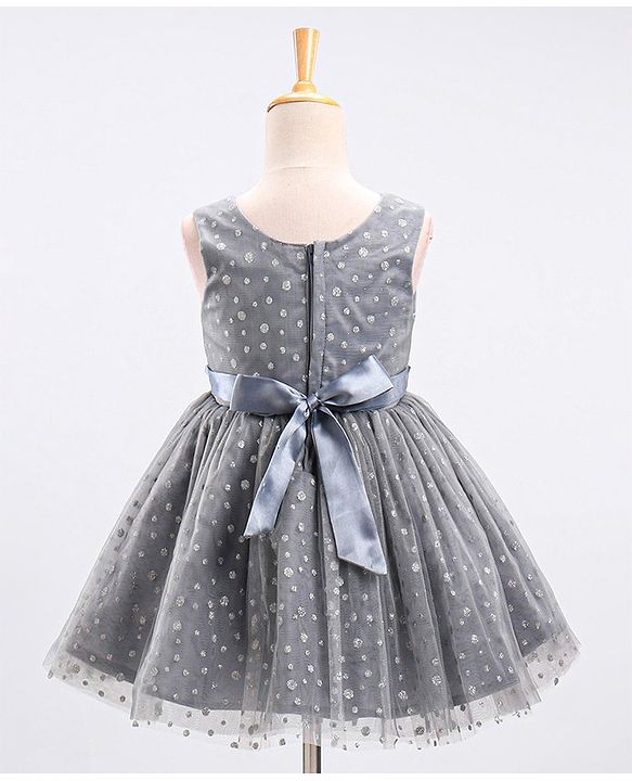 Babyhug Mesh Sleeveless Glitters Polka Dots Printed Frock - Grey