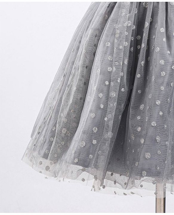 Babyhug Mesh Sleeveless Glitters Polka Dots Printed Frock - Grey