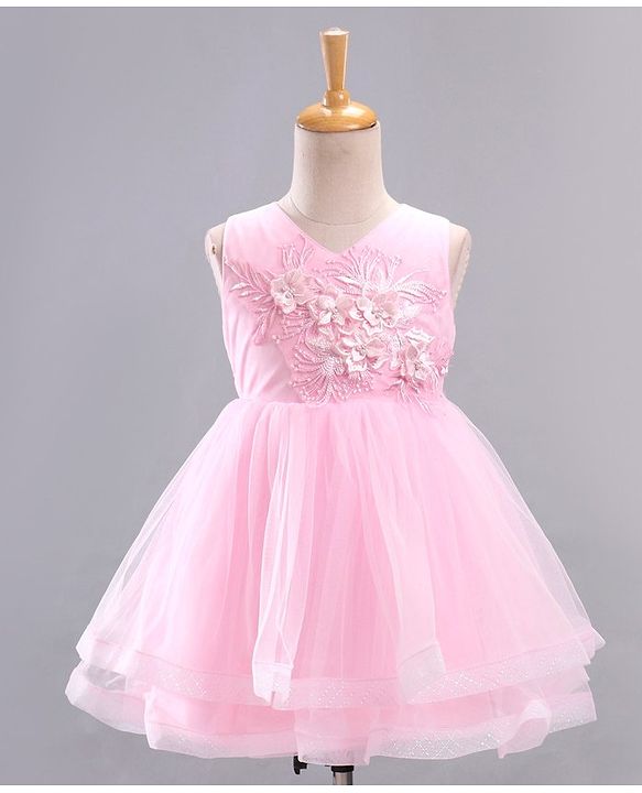 Babyhug Mesh Sleeveless Glittery Butterfly Printed Frock - Pink