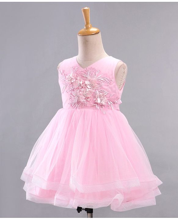 Babyhug Mesh Sleeveless Glittery Butterfly Printed Frock - Pink