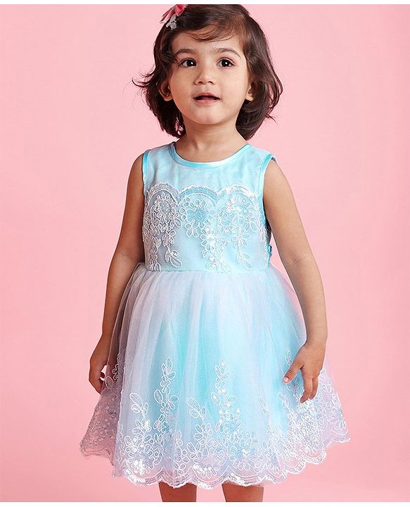 Babyhug Mesh Sleeveless Embroidery Frock - Blue