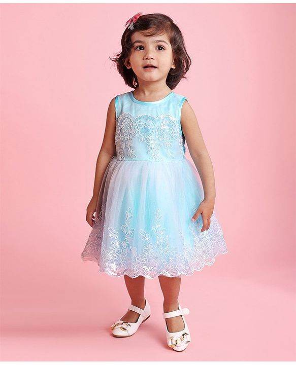 Babyhug Mesh Sleeveless Embroidery Frock - Blue
