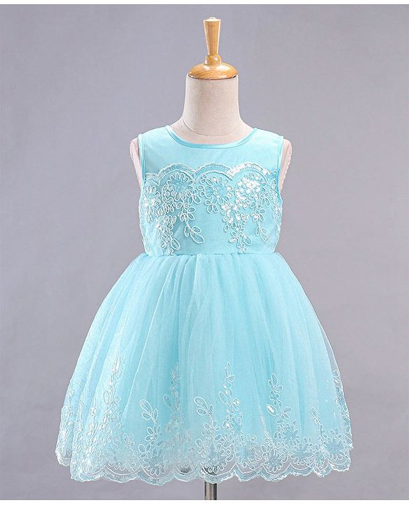 Babyhug Mesh Sleeveless Embroidery Frock - Blue