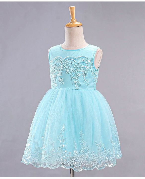 Babyhug Mesh Sleeveless Embroidery Frock - Blue