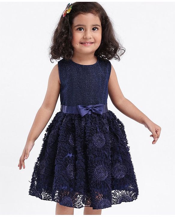 Babyhug Mesh Sleeveless Embroidery Frock - Navy