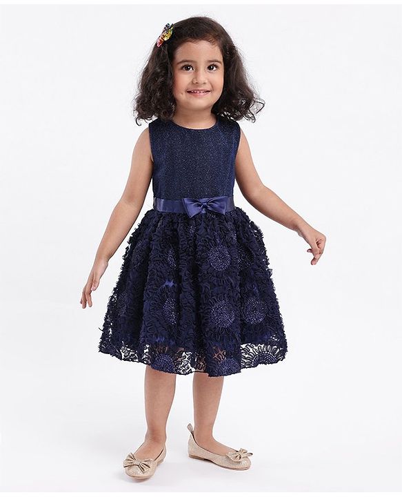 Babyhug Mesh Sleeveless Embroidery Frock - Navy