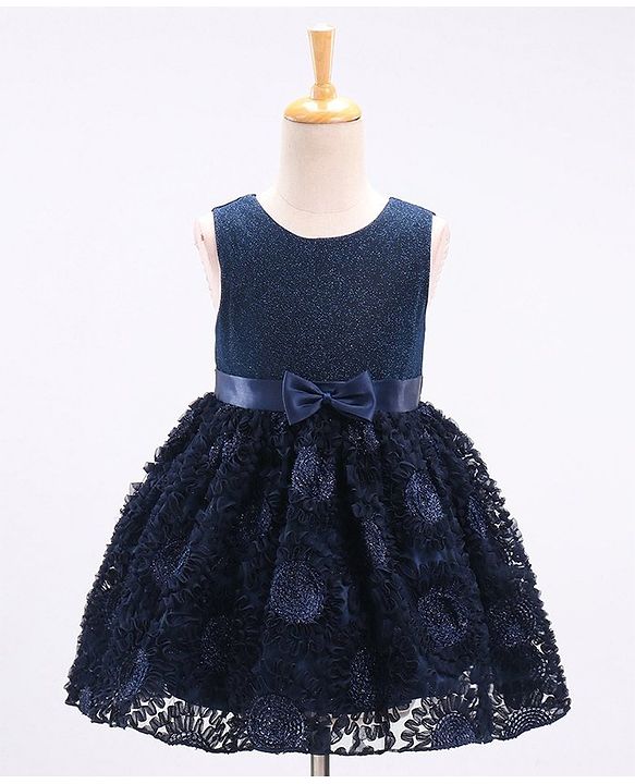 Babyhug Mesh Sleeveless Embroidery Frock - Navy