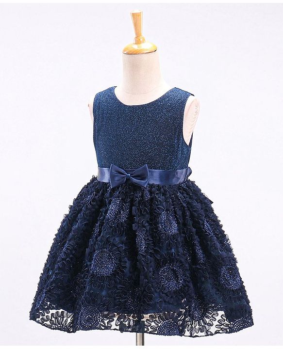 Babyhug Mesh Sleeveless Embroidery Frock - Navy