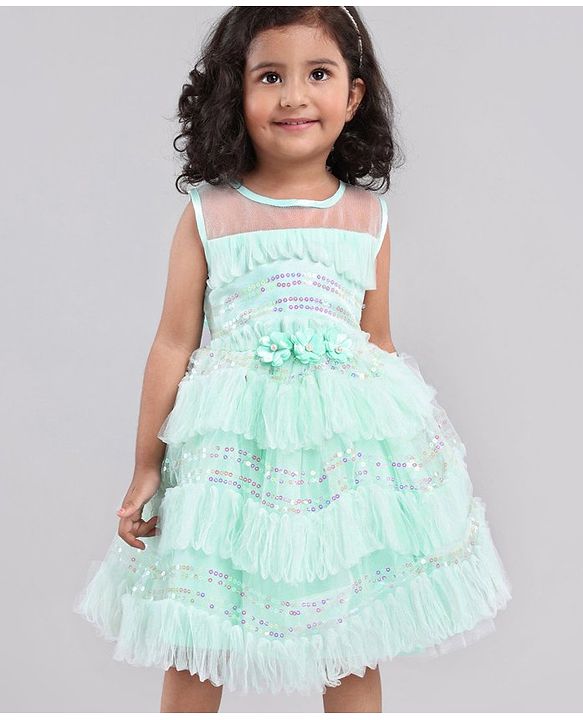 Babyhug Mesh Sleeveless Sequin Frock - Mint