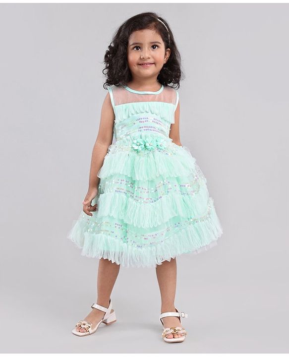 Babyhug Mesh Sleeveless Sequin Frock - Mint