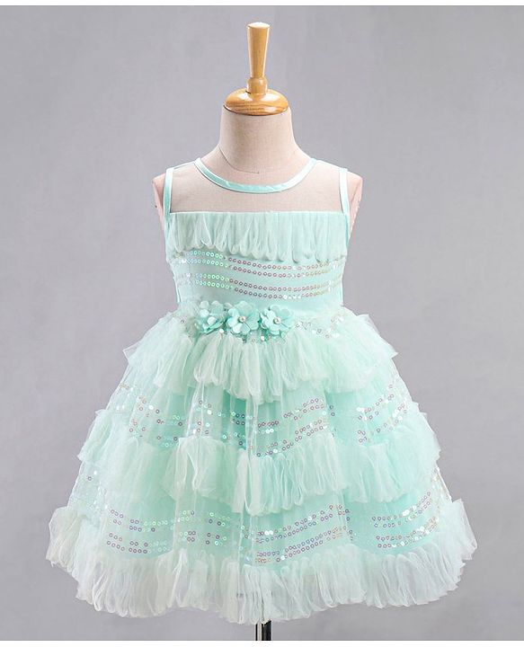 Babyhug Mesh Sleeveless Sequin Frock - Mint