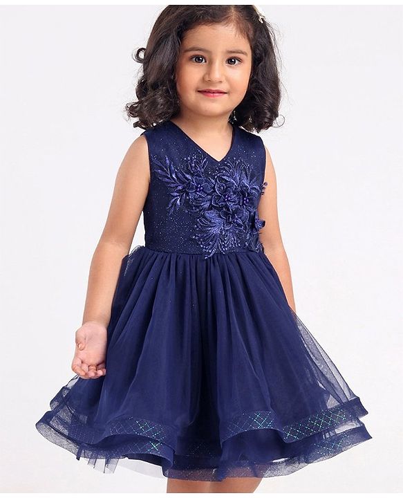 Babyhug Mesh Sleeveless Floral Embroidery Frock - Navy