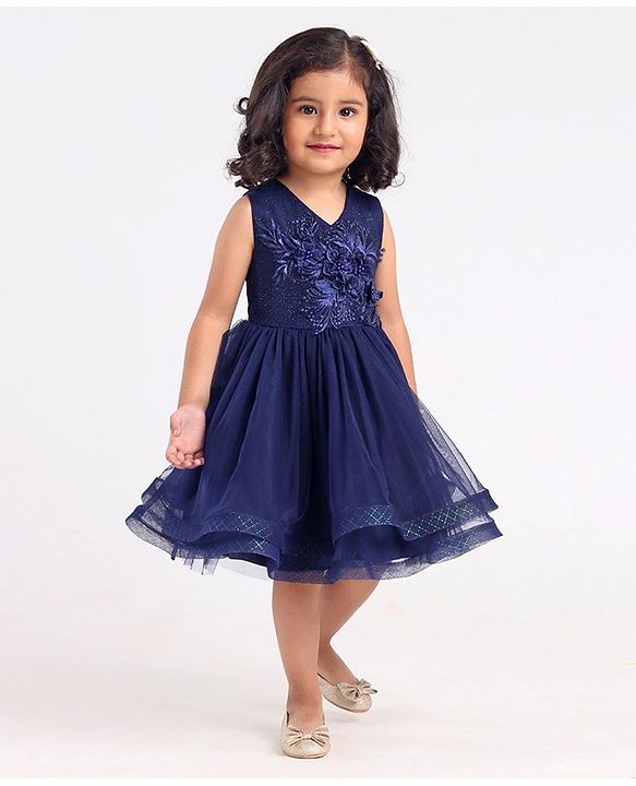 Babyhug Mesh Sleeveless Floral Embroidery Frock - Navy