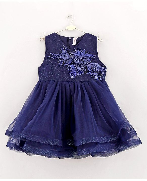 Babyhug Mesh Sleeveless Floral Embroidery Frock - Navy