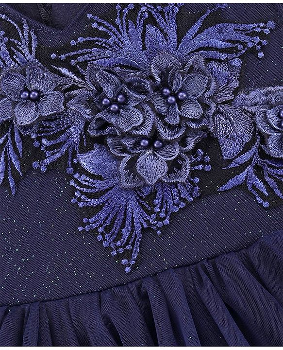Babyhug Mesh Sleeveless Floral Embroidery Frock - Navy