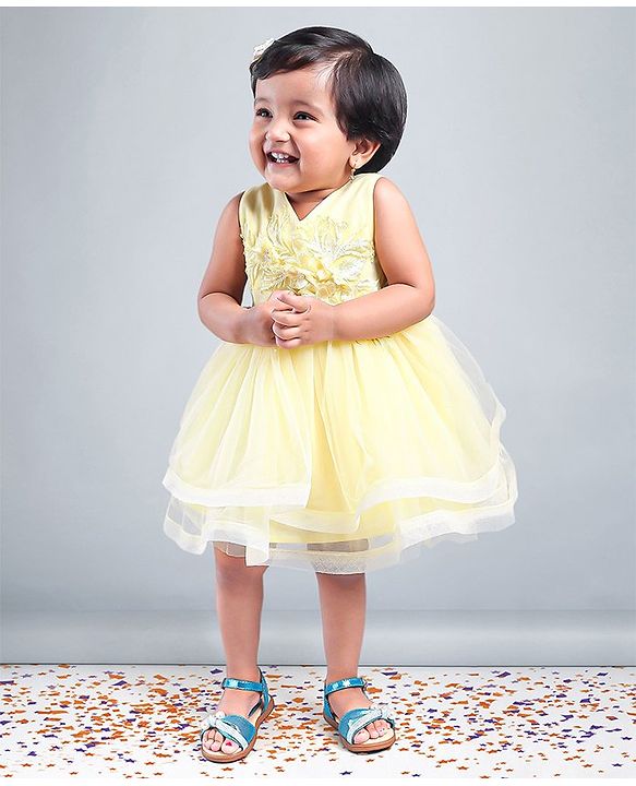 Babyhug Party Wear Sleeveless Frock Floral Appliques - Light Yellow