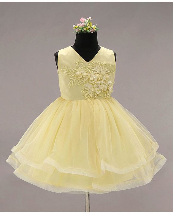 Babyhug Party Wear Sleeveless Frock Floral Appliques - Light Yellow